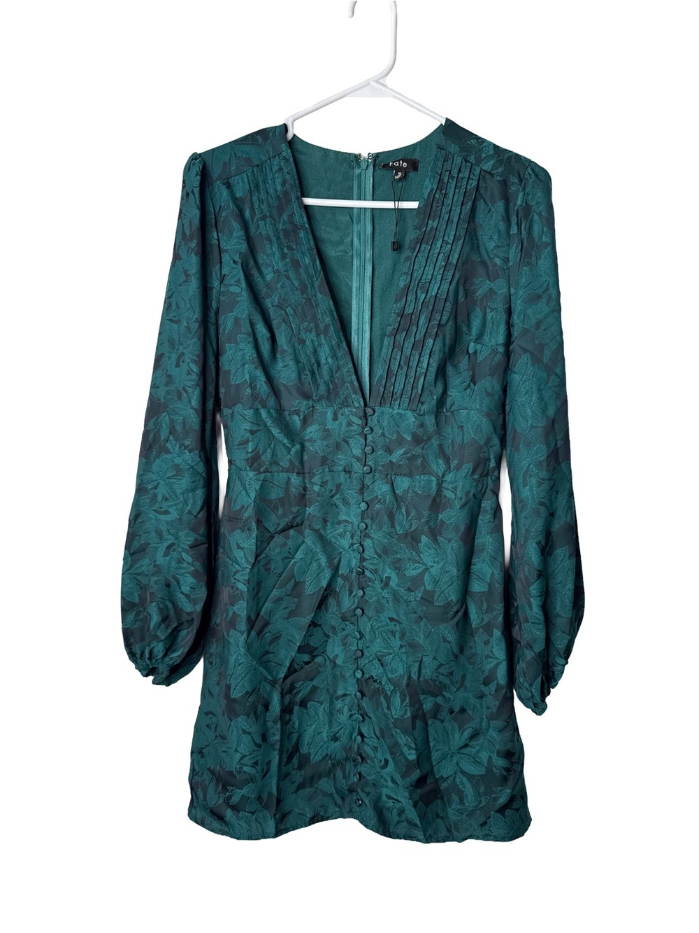 FATE Emerald Green Leaf Satin Long Puff Sleeve Mini Dress Small Renaissance
